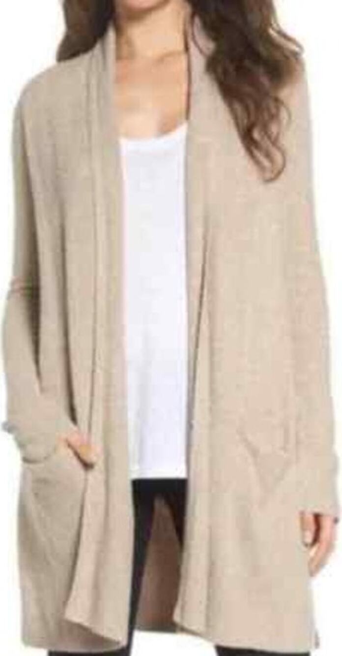 Barefoot Dreams Bamboo Chic Lite Knit Open Cardigan Sweater Mid Length Beige L